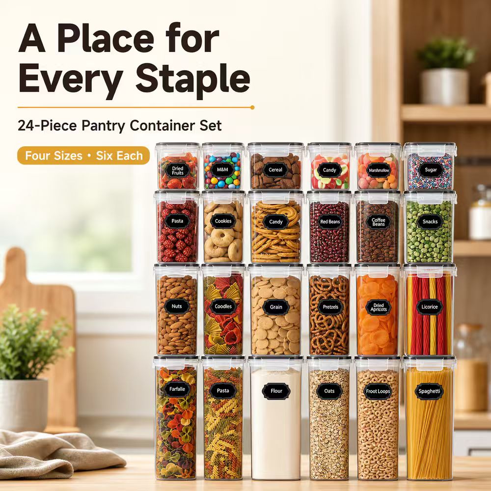 Snacks Food Labels - 気密性食品保存容器セット 透明プラスチック製キッチンパントリーオーガナイザー BPAフリー シリアル・乾燥食品用容器 ラベル付き スパゲッティ・穀物・スナック・小麦粉用