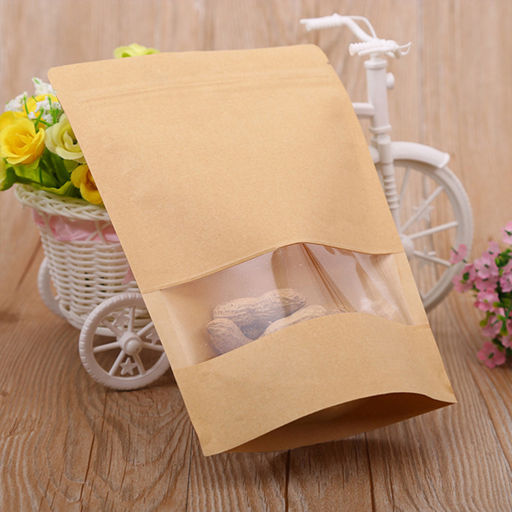 Food With Snacks - 50枚入りクラフト紙ジッパー付き自立型窓付きバッグ、再利用可能な食品保存包装、クッキー、紅茶、ドライフルーツ、スナック用