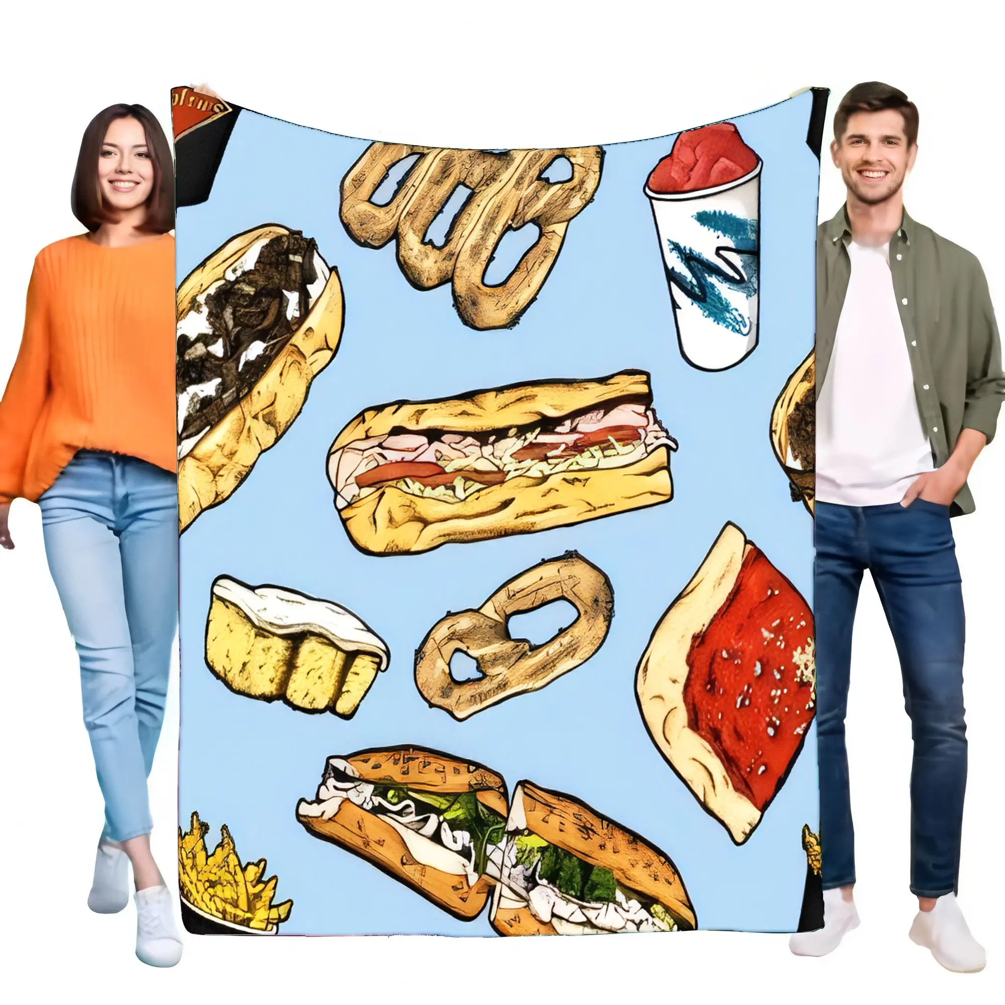 Soft Food Snacks Kids - スナックフード柄フランネルフリースブランケット、柔らかく温かい、ベッドやソファに最適、大人も子供も楽しめる、おいしいピザ、サンドイッチ、プレッツェル、フライドポテト柄