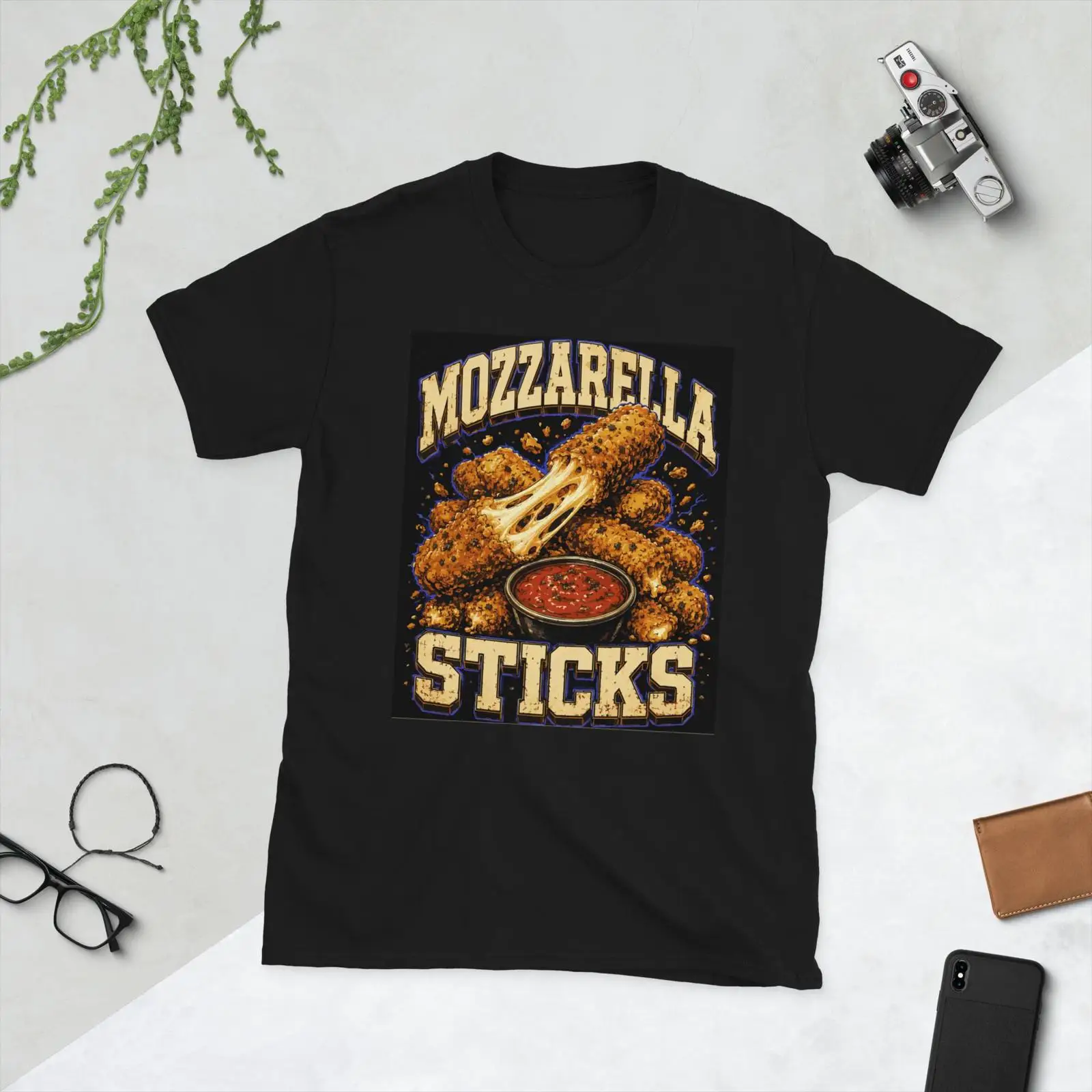 Foody Snacks - レトロスナック愛好家Tシャツ ヴィンテージモッツァレラスティック 面白い揚げ物 フード愛好家向けミーム ヴィンテージウォッシュ加工 通気性抜群