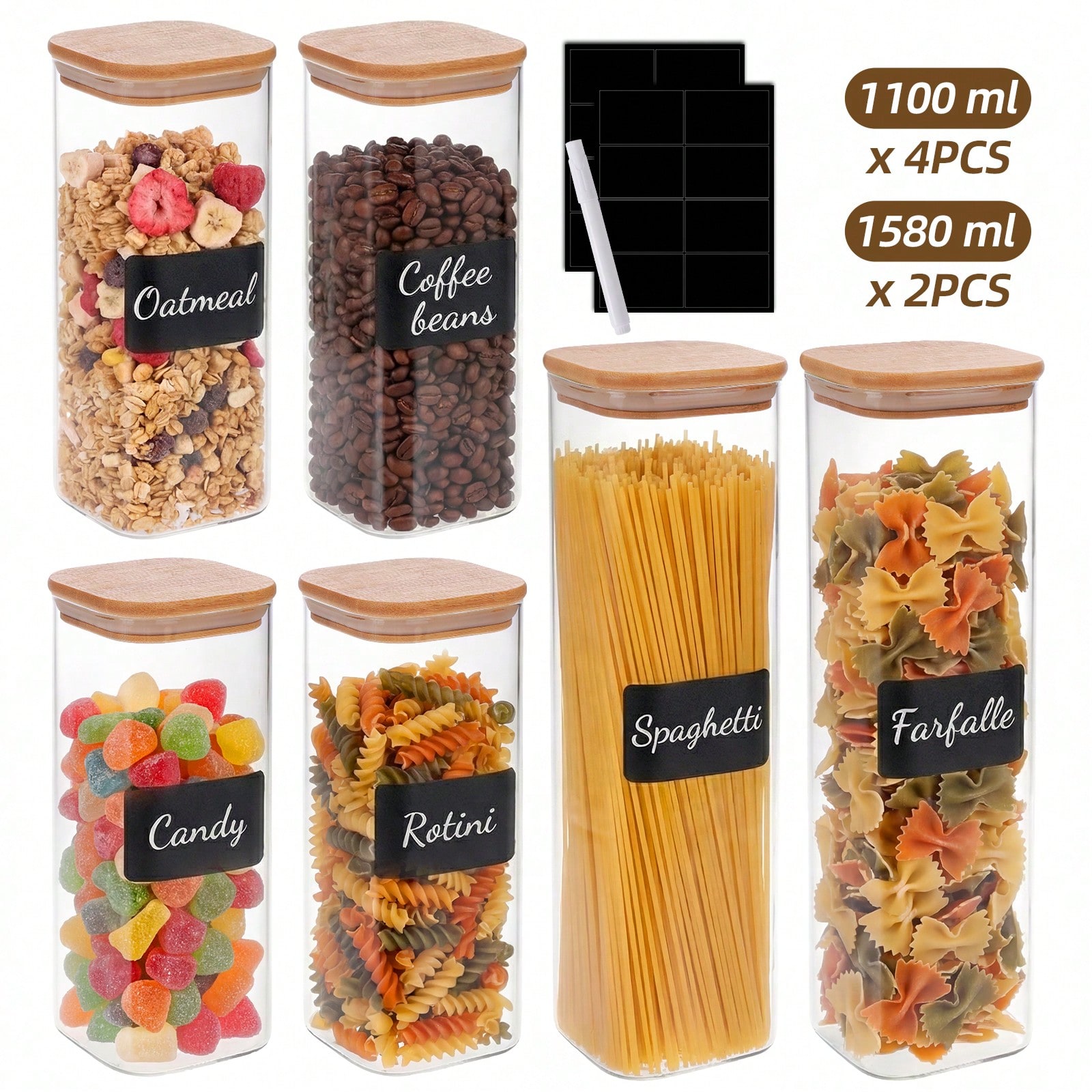 Snacks Food Labels - ガラス製食品保存容器 竹製密閉蓋付き 12個セット 2サイズ 470ml 1100ml